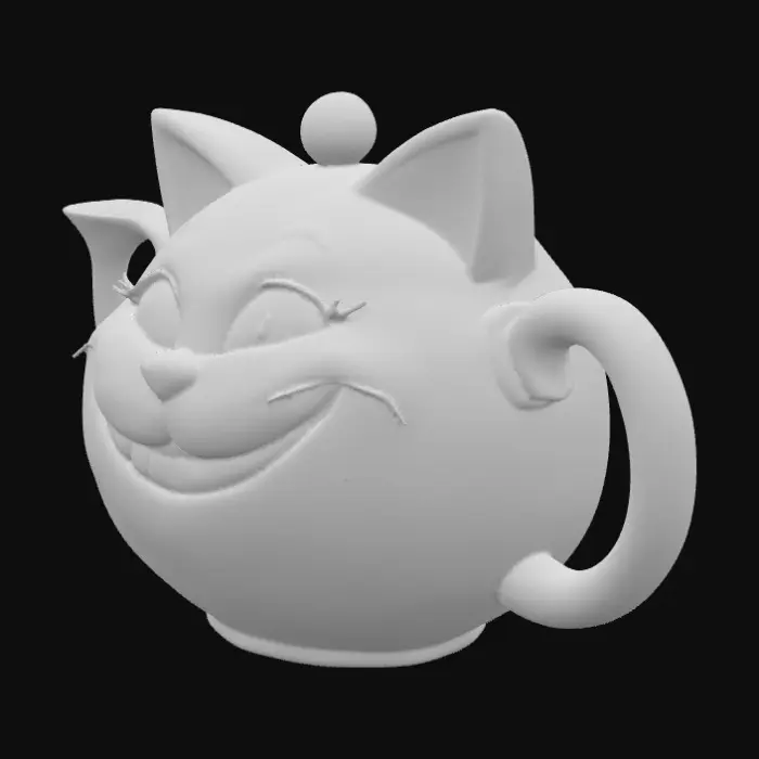 3D model for A cheshire shapped teapot. Pink purple and turquoise. Centered on a white background 