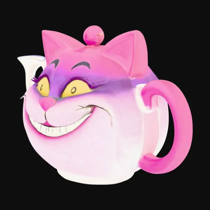 3D model for A cheshire shapped teapot. Pink purple and turquoise. Centered on a white background 