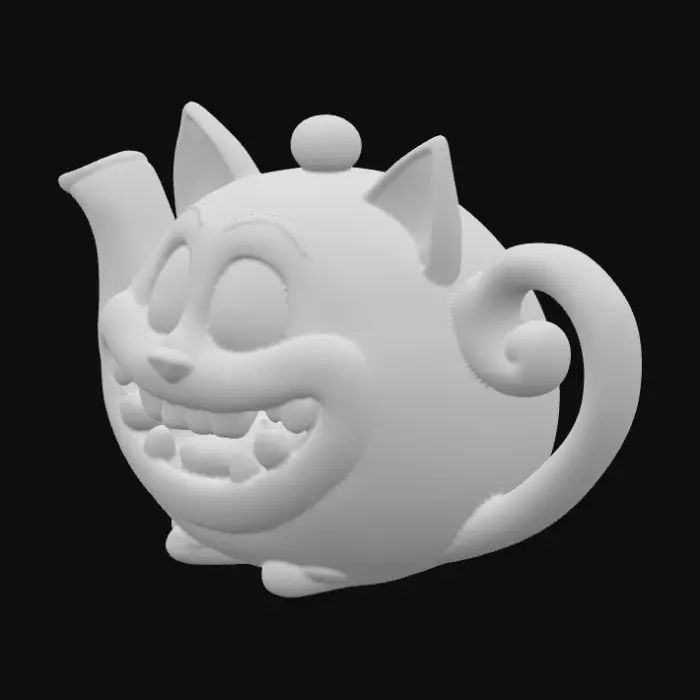 3D model for A cheshire shapped teapot. Pink purple and turquoise. Centered on a white background 