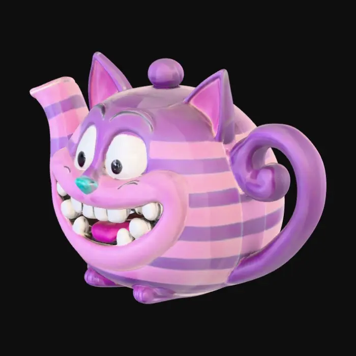 3D model for A cheshire shapped teapot. Pink purple and turquoise. Centered on a white background 