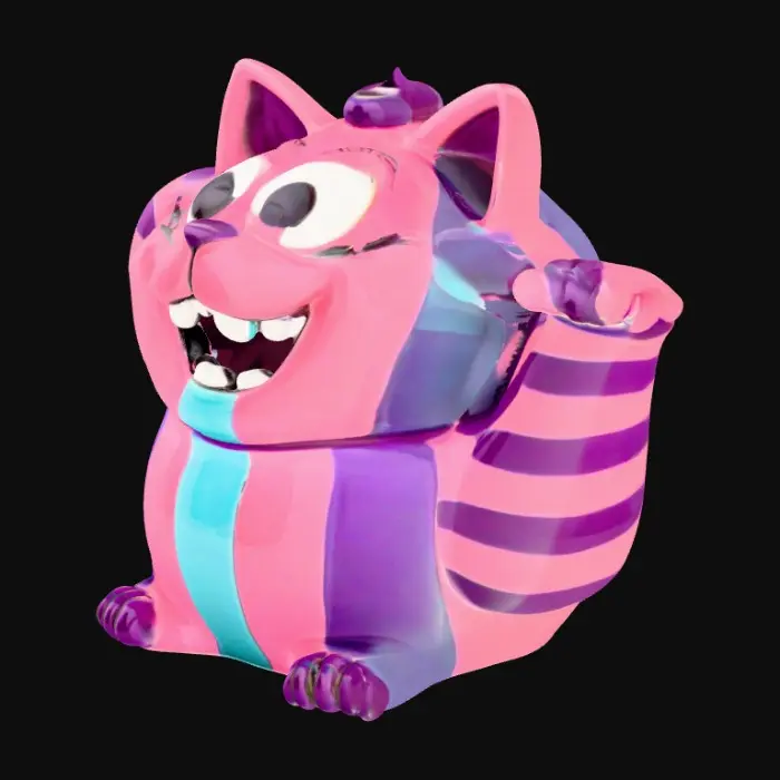 3D model for A cheshire shapped teapot. Pink purple and turquoise. Centered on a white background 