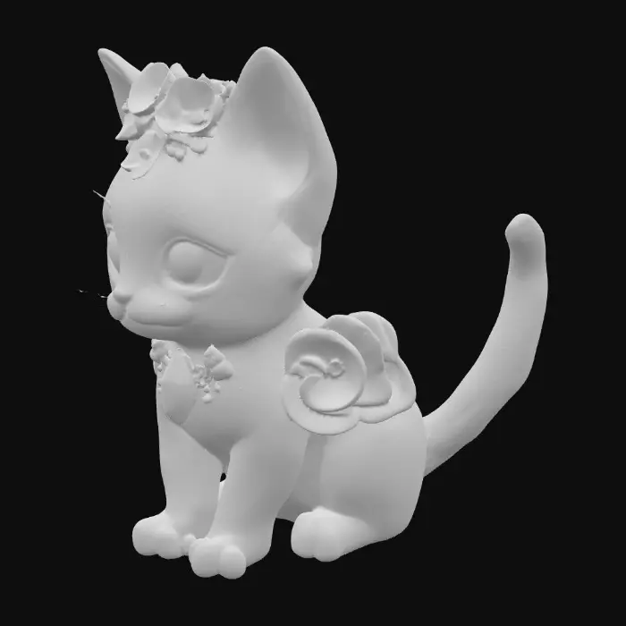 3D model for Create a stylized kitten with large, expressive eyes, surrounded by florals . The kitten is white with hints of lime green and mauve, adorned with flowers and jewels on its head and chest. Background is pure white 
