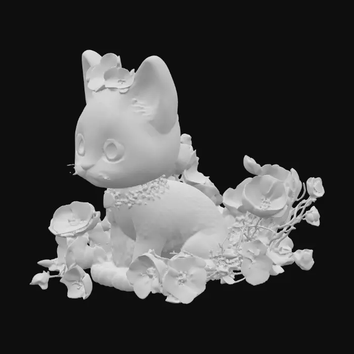 3D model for Create a stylized kitten with large, expressive eyes, surrounded by florals . The kitten is white with hints of lime green and mauve, adorned with flowers and jewels on its head and chest. Background is pure white 

