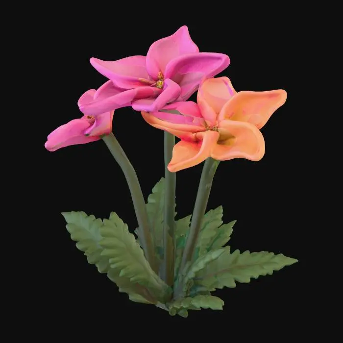 3D model for Small ground level trio of closely grouped five petal of magenta/pink/orange flowers with darkish ab green leaves 
#PBR# #PBR#, 