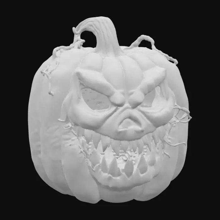 3D model for #PBR#, Create a detailed 3D menacing Halloween pumpkin. The pumpkin should have a large, twisted grin carved into its face, with jagged, uneven edges. Its hollow eyes should glow with an eerie, dim orange light, casting ominous shadows around it. The pumpkin’s surface should have a rough, aged texture, with deep wrinkles and cracks that reveal the hollow insides. Dark, curling vines should extend from the stem, adding to the gnarled appearance. The overall look should be dark and foreboding, as if the pumpkin has been sitting forgotten in a haunted pumpkin patch for years. Add subtle  shadows around the base for extra atmosphere., #PBR#