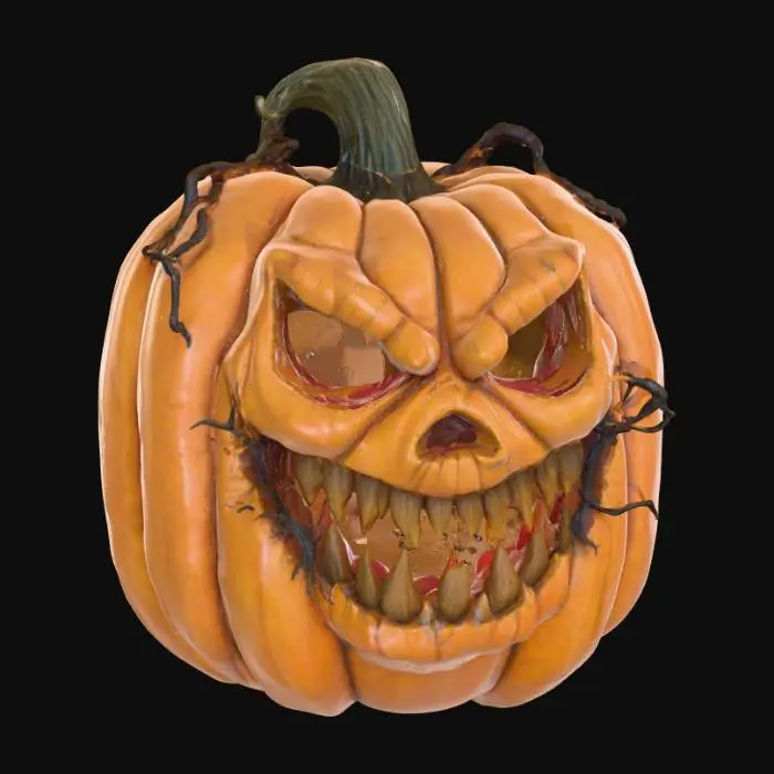 3D model for #PBR#, Create a detailed 3D menacing Halloween pumpkin. The pumpkin should have a large, twisted grin carved into its face, with jagged, uneven edges. Its hollow eyes should glow with an eerie, dim orange light, casting ominous shadows around it. The pumpkin’s surface should have a rough, aged texture, with deep wrinkles and cracks that reveal the hollow insides. Dark, curling vines should extend from the stem, adding to the gnarled appearance. The overall look should be dark and foreboding, as if the pumpkin has been sitting forgotten in a haunted pumpkin patch for years. Add subtle  shadows around the base for extra atmosphere., #PBR#