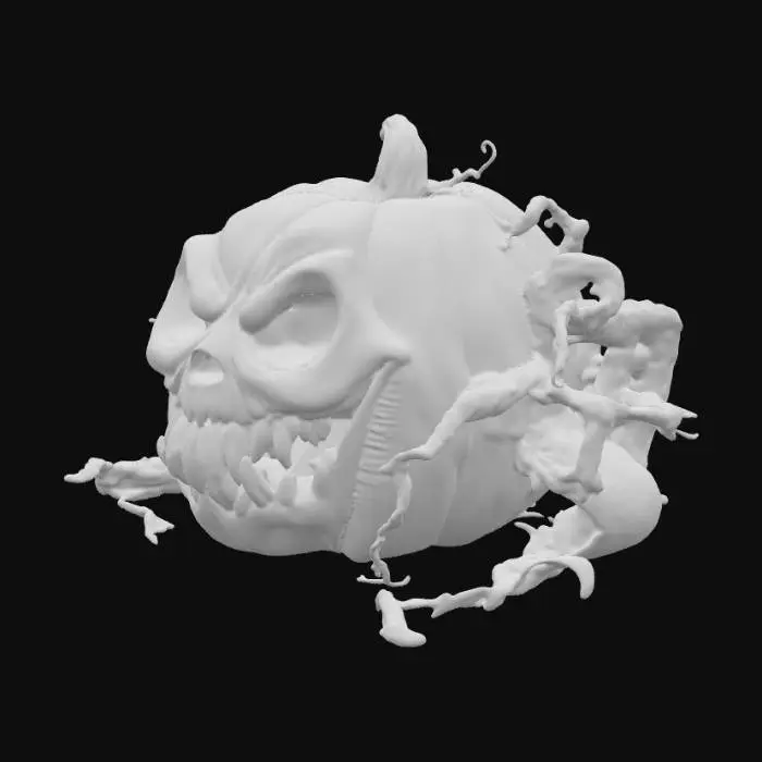3D model for #PBR#, Create a detailed 3D menacing Halloween pumpkin. The pumpkin should have a large, twisted grin carved into its face, with jagged, uneven edges. Its hollow eyes should glow with an eerie, dim orange light, casting ominous shadows around it. The pumpkin’s surface should have a rough, aged texture, with deep wrinkles and cracks that reveal the hollow insides. Dark, curling vines should extend from the stem, adding to the gnarled appearance. The overall look should be dark and foreboding, as if the pumpkin has been sitting forgotten in a haunted pumpkin patch for years. Add subtle  shadows around the base for extra atmosphere., #PBR#