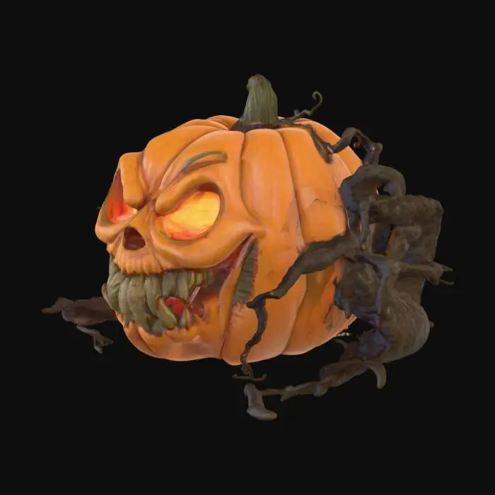 3D model for #PBR#, Create a detailed 3D menacing Halloween pumpkin. The pumpkin should have a large, twisted grin carved into its face, with jagged, uneven edges. Its hollow eyes should glow with an eerie, dim orange light, casting ominous shadows around it. The pumpkin’s surface should have a rough, aged texture, with deep wrinkles and cracks that reveal the hollow insides. Dark, curling vines should extend from the stem, adding to the gnarled appearance. The overall look should be dark and foreboding, as if the pumpkin has been sitting forgotten in a haunted pumpkin patch for years. Add subtle  shadows around the base for extra atmosphere., #PBR#