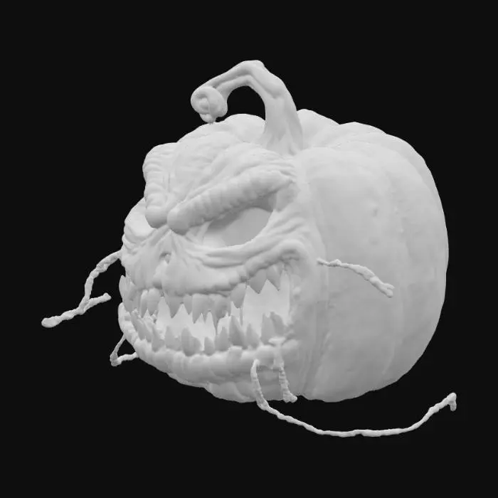 3D model for #PBR#, Create a detailed 3D menacing Halloween pumpkin. The pumpkin should have a large, twisted grin carved into its face, with jagged, uneven edges. Its hollow eyes should glow with an eerie, dim orange light, casting ominous shadows around it. The pumpkin’s surface should have a rough, aged texture, with deep wrinkles and cracks that reveal the hollow insides. Dark, curling vines should extend from the stem, adding to the gnarled appearance. The overall look should be dark and foreboding, as if the pumpkin has been sitting forgotten in a haunted pumpkin patch for years. Add subtle  shadows around the base for extra atmosphere., #PBR#