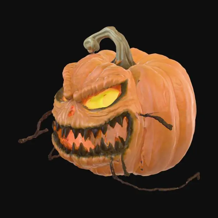 3D model for #PBR#, Create a detailed 3D menacing Halloween pumpkin. The pumpkin should have a large, twisted grin carved into its face, with jagged, uneven edges. Its hollow eyes should glow with an eerie, dim orange light, casting ominous shadows around it. The pumpkin’s surface should have a rough, aged texture, with deep wrinkles and cracks that reveal the hollow insides. Dark, curling vines should extend from the stem, adding to the gnarled appearance. The overall look should be dark and foreboding, as if the pumpkin has been sitting forgotten in a haunted pumpkin patch for years. Add subtle  shadows around the base for extra atmosphere., #PBR#