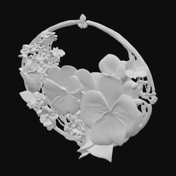 3D model for #PBR#, 3d colorful pansy flowers in purples, pinks, and blues are surrounded by an ornamental ivory and gold colored oval art nuevo style frame.  Add in some 3d forget-me-not flowers. paper cut style, #PBR#