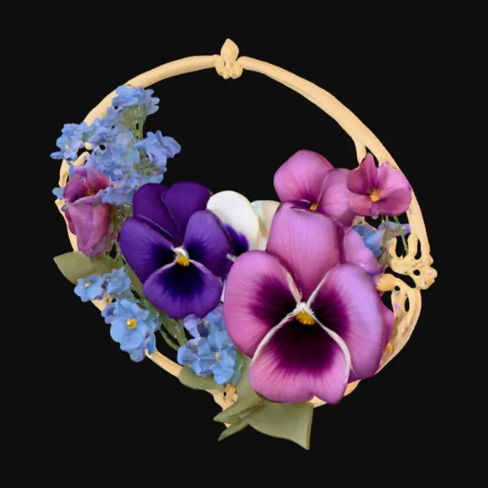 3D model for #PBR#, 3d colorful pansy flowers in purples, pinks, and blues are surrounded by an ornamental ivory and gold colored oval art nuevo style frame.  Add in some 3d forget-me-not flowers. paper cut style, #PBR#
