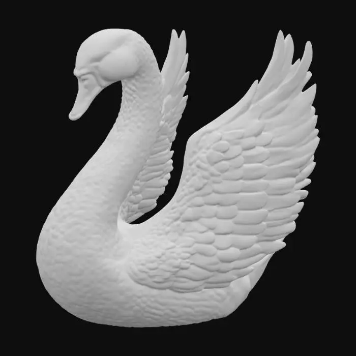 3D model for Majestic trumpet Swan floats upon the pond. Opalescent well-defined 3d wings with each feather well formed.  Hyper-realistic features perfect form centered on a white background. Large opened wings. Fluffed feathers  layered 