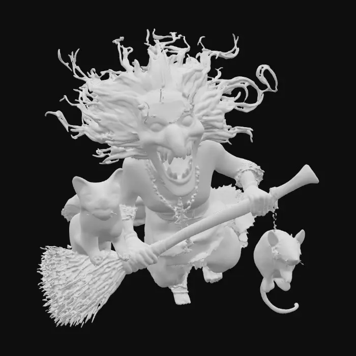 3D model for an old crone witch with big yellow teeth and red eyes, flying on a crooked broom designed like twisted vines. The witch has long and bony fingers, blending gothic aesthetics with fantasy elements accompanied by a scared black cat with glowing yellow eyes  and an ugly rat with mangy and patchy fur hanging off her foot by its tail., #PBR#