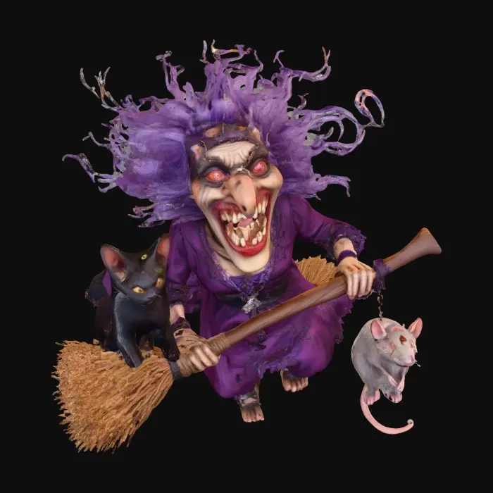 3D model for an old crone witch with big yellow teeth and red eyes, flying on a crooked broom designed like twisted vines. The witch has long and bony fingers, blending gothic aesthetics with fantasy elements accompanied by a scared black cat with glowing yellow eyes  and an ugly rat with mangy and patchy fur hanging off her foot by its tail., #PBR#