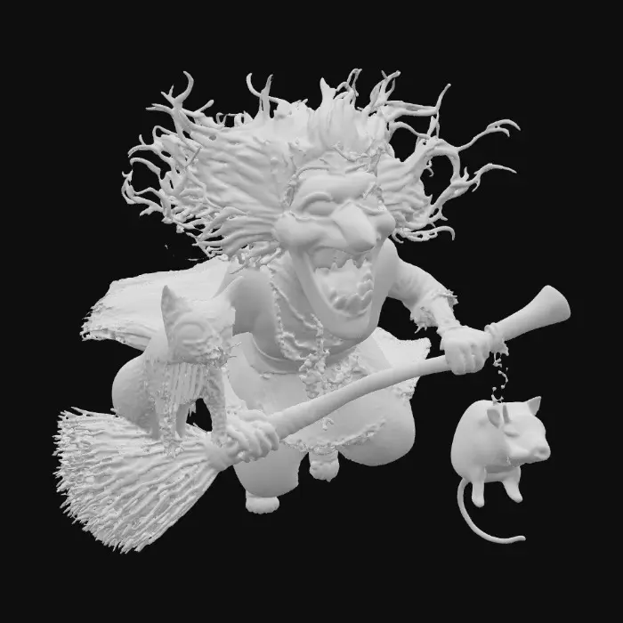 3D model for an old crone witch with big yellow teeth and red eyes, flying on a crooked broom designed like twisted vines. The witch has long and bony fingers, blending gothic aesthetics with fantasy elements accompanied by a scared black cat with glowing yellow eyes  and an ugly rat with mangy and patchy fur hanging off her foot by its tail., #PBR#
