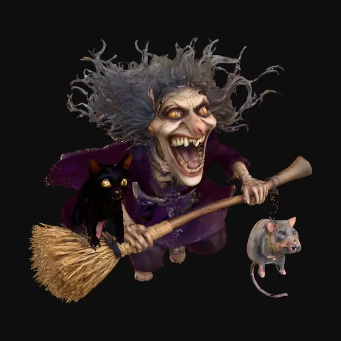 3D model for an old crone witch with big yellow teeth and red eyes, flying on a crooked broom designed like twisted vines. The witch has long and bony fingers, blending gothic aesthetics with fantasy elements accompanied by a scared black cat with glowing yellow eyes  and an ugly rat with mangy and patchy fur hanging off her foot by its tail., #PBR#