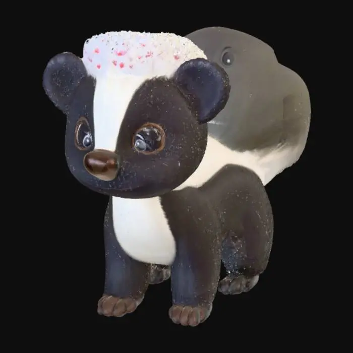3D model for An adorable toy like skunk sitting in a patch of vibrant 5 petal flowers. 