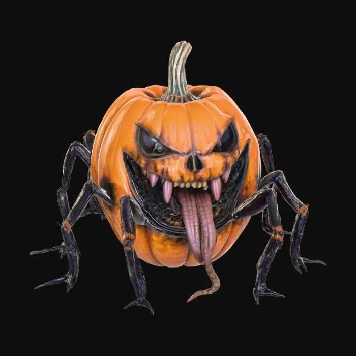 3D model for Scary gothic halloween pumpkin with 8 hairy spider legs and a long twisted tongue. Hugh scary grin