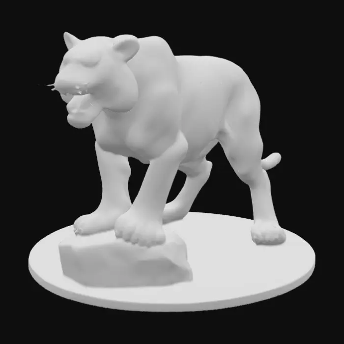 3D model for A magnificent roaring bengal tiger with fully opened glorious peacock like feathers sprout from the tigers sides. The bengal has highly polished like lustrous fur. Vivid bright bold colors add to the magical creature.  The tiger is standing on a round rocky like base. His stance is one of a predator stalking its prey. Powerful presentation 