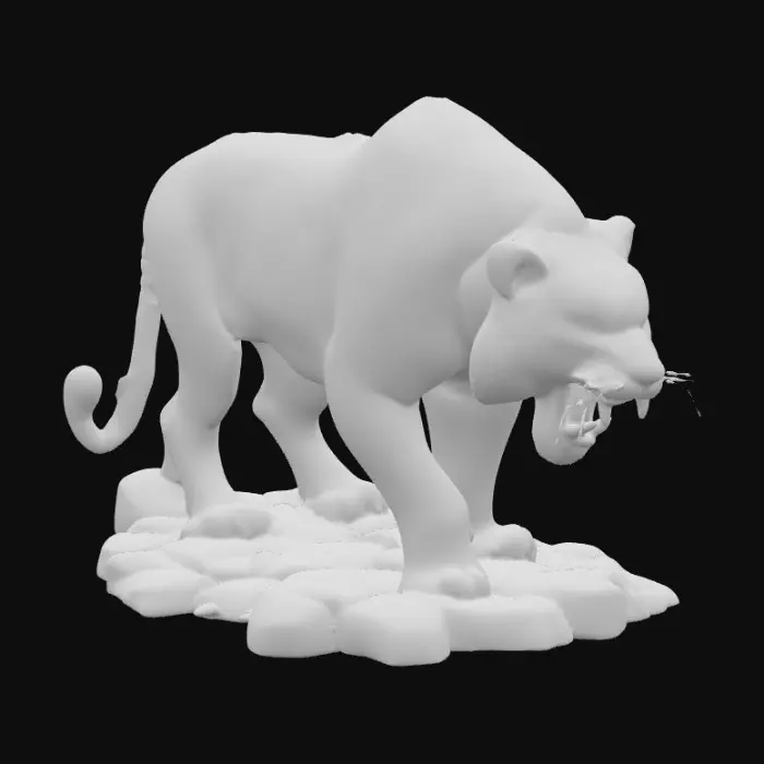 3D model for A magnificent roaring bengal tiger with fully opened glorious peacock like feathers sprout from the tigers sides. The bengal has highly polished like lustrous fur. Vivid bright bold colors add to the magical creature.  The tiger is standing on a round rocky like base. His stance is one of a predator stalking its prey. Powerful presentation 