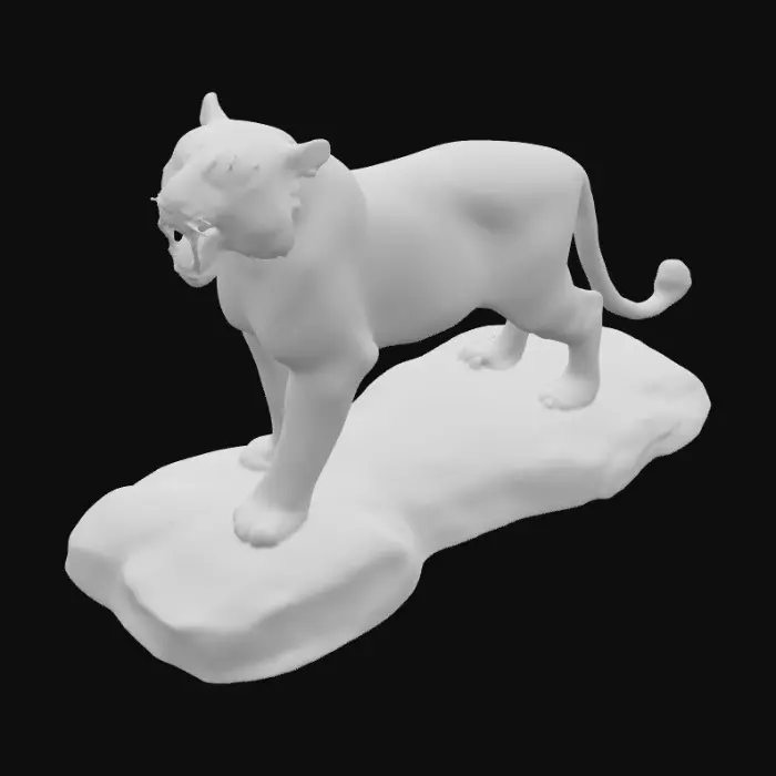 3D model for A magnificent roaring bengal tiger with fully opened glorious peacock like feathers sprout from the tigers sides. The bengal has highly polished like lustrous fur. Vivid bright bold colors add to the magical creature.  The tiger is standing on a round rocky like base. His stance is one of a predator stalking its prey. Powerful presentation 