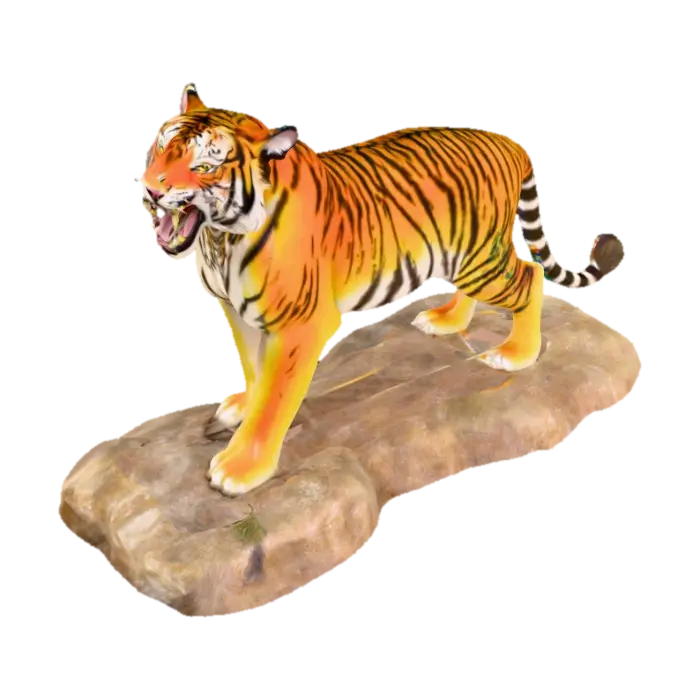 A magnificent roaring bengal tiger with fully opened glorious peacock like feathers… 3D model, vytvořený pomocí AI