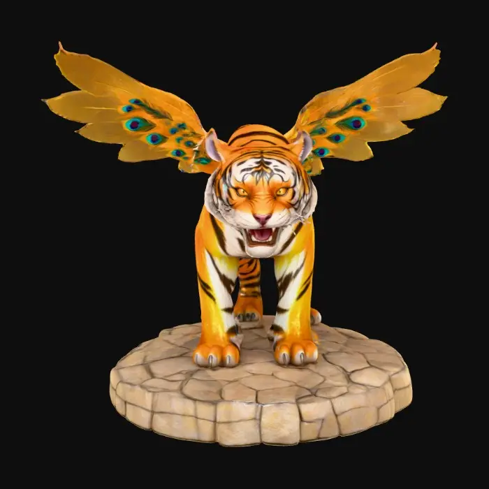 3D model for  Fantasy concept art. Close-up. An angry bengal tiger with peacock wings sprouting from its sides stands on a round rocky base. Low-angle shot Iridescent feathers glisten. Lustrous fur shines. Golden lighting. Best quality, vivid colors, detailed textures, majestic atmosphere, wildlife inspiration, dynamic pose, bold brushstrokes, magical realism, stunning visuals, breathtaking detail.
