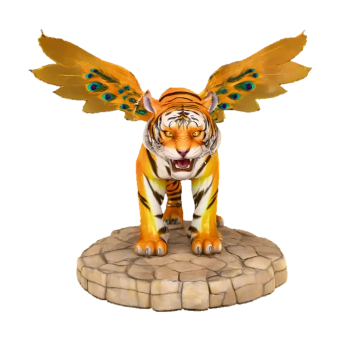 Fantasy concept art. Close-up. An angry bengal tiger with peacock wings sprouting… 3D model, vytvořený pomocí AI