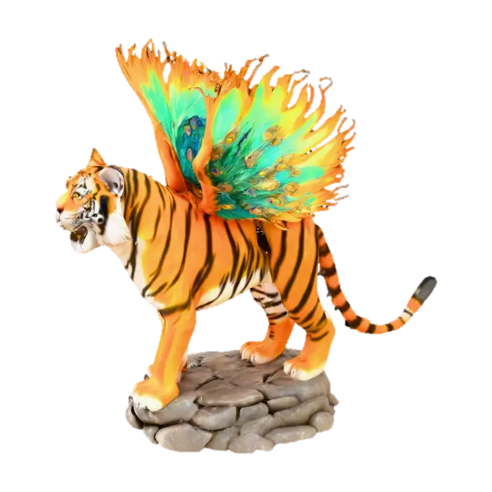 Fantasy concept art. Close-up. An angry bengal tiger with peacock wings sprouting… 3D model, vytvořený pomocí AI