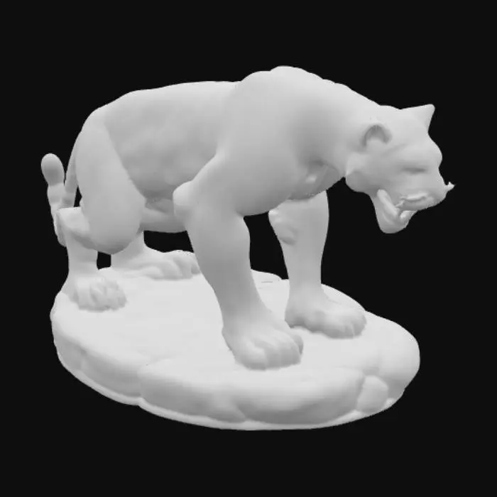 3D model for a majestic muscular snarling spotted panther in a modern and elegant artistic style, with realistic details that evoke strength, power, and energy. Sharp claws fully extended and tense muscles The panther stands upon a rocky circular base. The spotted panther appears in an imposing pose, under striking lighting that highlights its musculature and intense golden eyes gaze upon the viewer. 