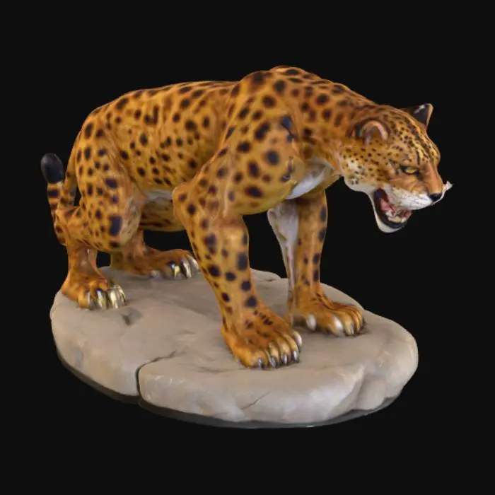 3D model for a majestic muscular snarling spotted panther in a modern and elegant artistic style, with realistic details that evoke strength, power, and energy. Sharp claws fully extended and tense muscles The panther stands upon a rocky circular base. The spotted panther appears in an imposing pose, under striking lighting that highlights its musculature and intense golden eyes gaze upon the viewer. 