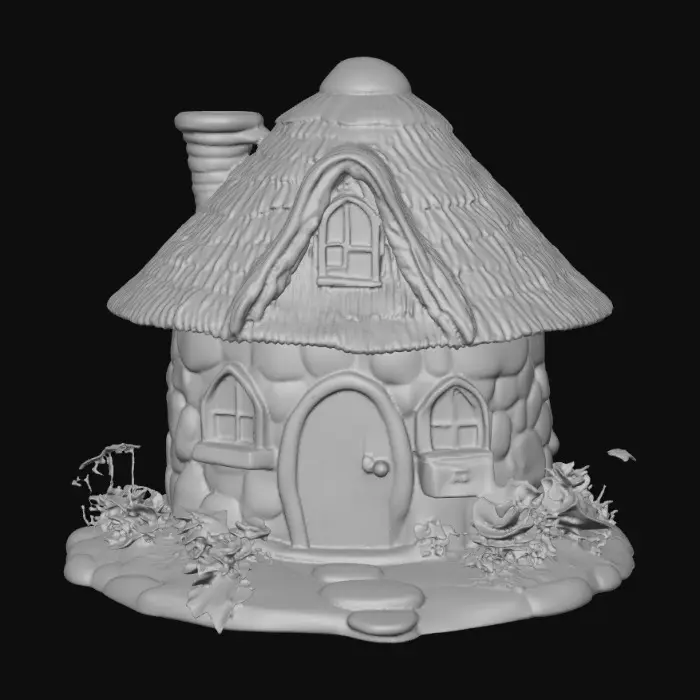 3D model for High detail, trixie pixie house on a round stone base with floral landscaping and stepping stone walkway