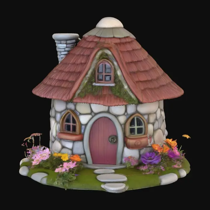 3D model for High detail, trixie pixie house on a round stone base with floral landscaping and stepping stone walkway