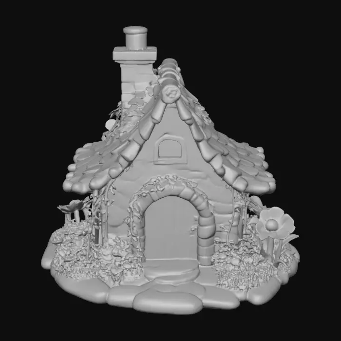 3D model for High detail, trixie pixie house on a round stone base with floral landscaping and stepping stone walkway