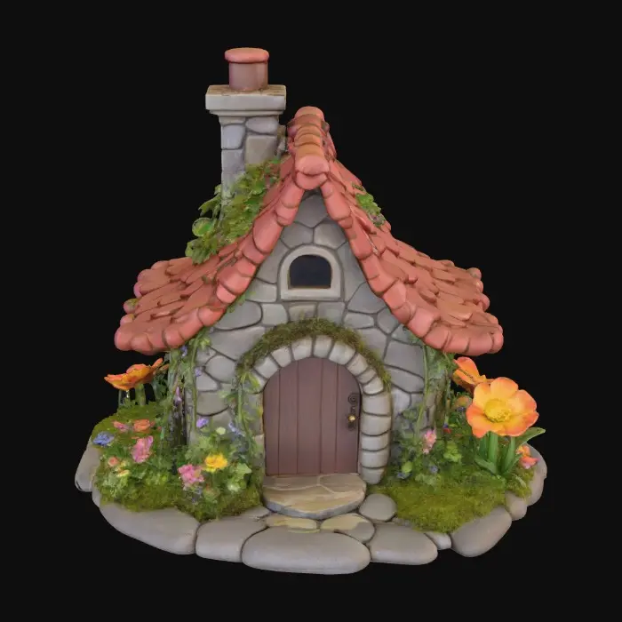 3D model for High detail, trixie pixie house on a round stone base with floral landscaping and stepping stone walkway