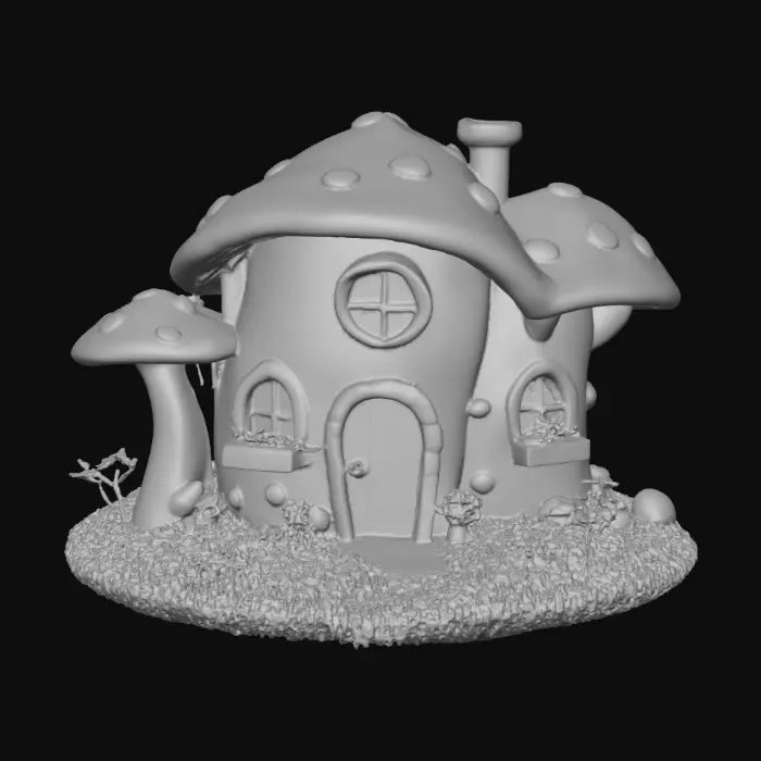 3D model for A highly detailed 3D image of a fairy house made out of a mushroom.  Arched windows and doorways.  Clorful Flower boxes under the windows. Creation sits on a landscaped round base with walkway grass and flowers