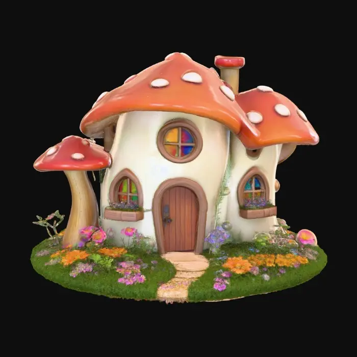 3D model for A highly detailed 3D image of a fairy house made out of a mushroom.  Arched windows and doorways.  Clorful Flower boxes under the windows. Creation sits on a landscaped round base with walkway grass and flowers
