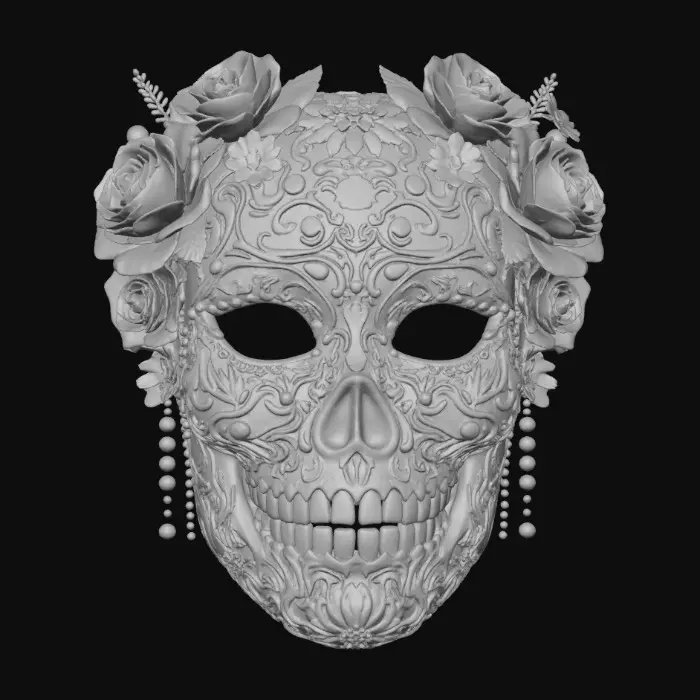 3D model for Highly detailed sugar skulls mask. Bright bold vivid colors. Decorated with hyper-realistic flowers and roses. Highest resolution and best quality of an extravagant mask., #Halloween2025#