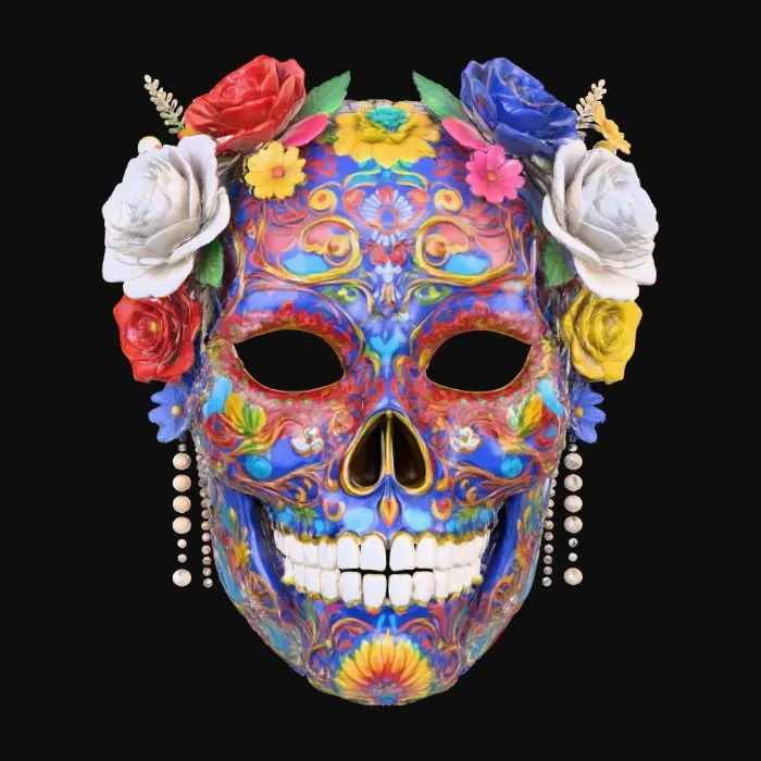3D model for Highly detailed sugar skulls mask. Bright bold vivid colors. Decorated with hyper-realistic flowers and roses. Highest resolution and best quality of an extravagant mask., #Halloween2025#