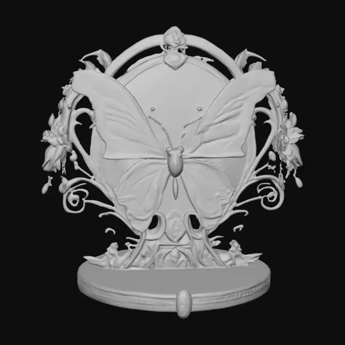 3D model for Butterfly decor in cools of 14k gold, ab dark aqua, and iridescent rosy pink. A masterpiece of art nuevo detailed and highly embossed