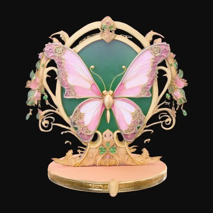 3D model for Butterfly decor in cools of 14k gold, ab dark aqua, and iridescent rosy pink. A masterpiece of art nuevo detailed and highly embossed