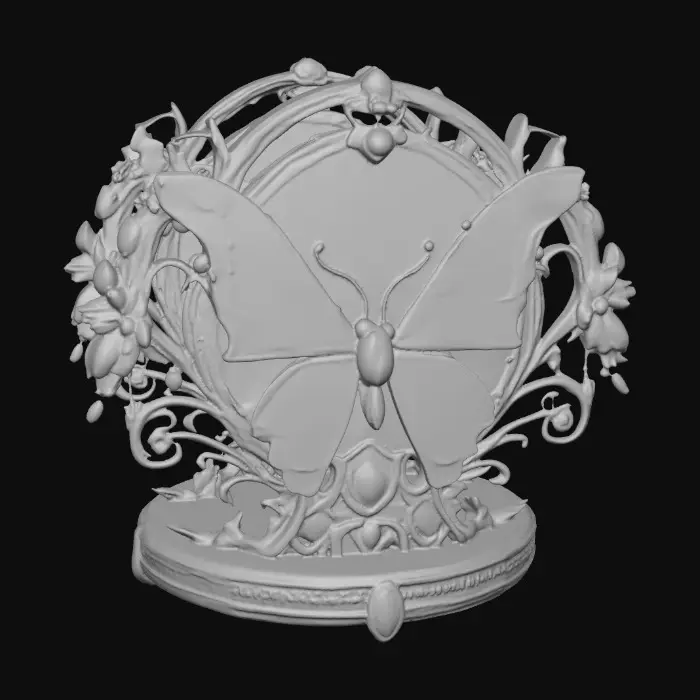 3D model for Butterfly decor in cools of 14k gold, ab dark aqua, and iridescent rosy pink. A masterpiece of art nuevo detailed and highly embossed