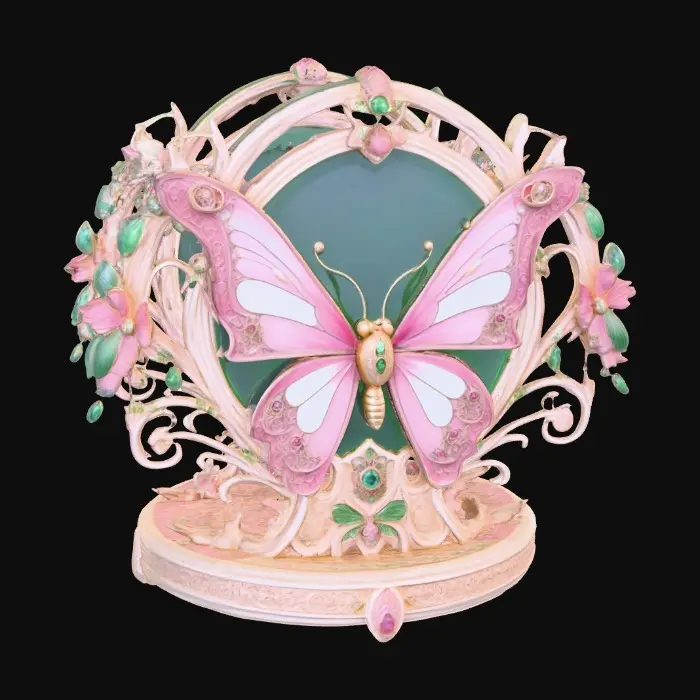 3D model for Butterfly decor in cools of 14k gold, ab dark aqua, and iridescent rosy pink. A masterpiece of art nuevo detailed and highly embossed