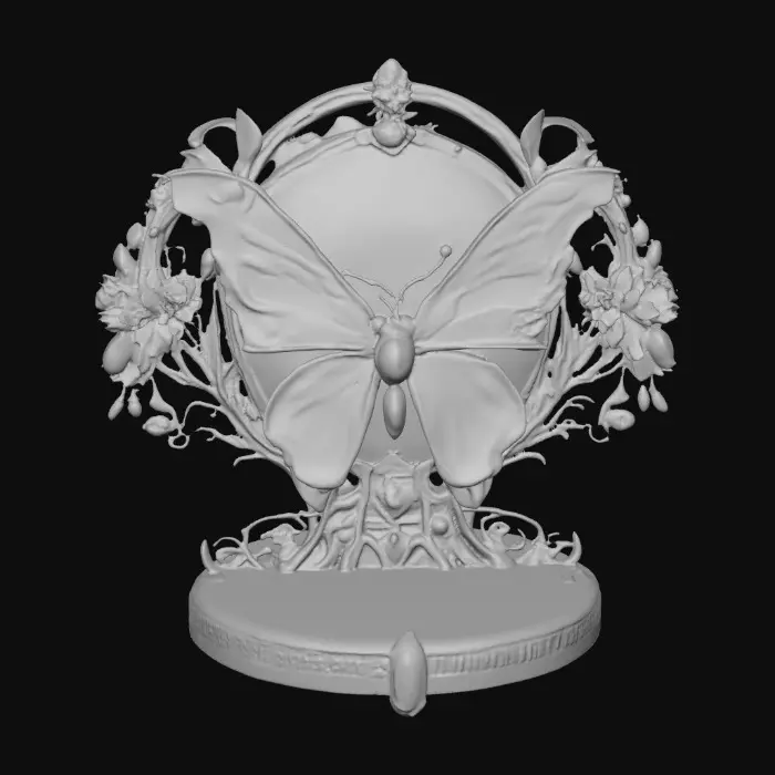 3D model for Butterfly decor in cools of 14k gold, ab dark aqua, and iridescent rosy pink. A masterpiece of art nuevo detailed and highly embossed