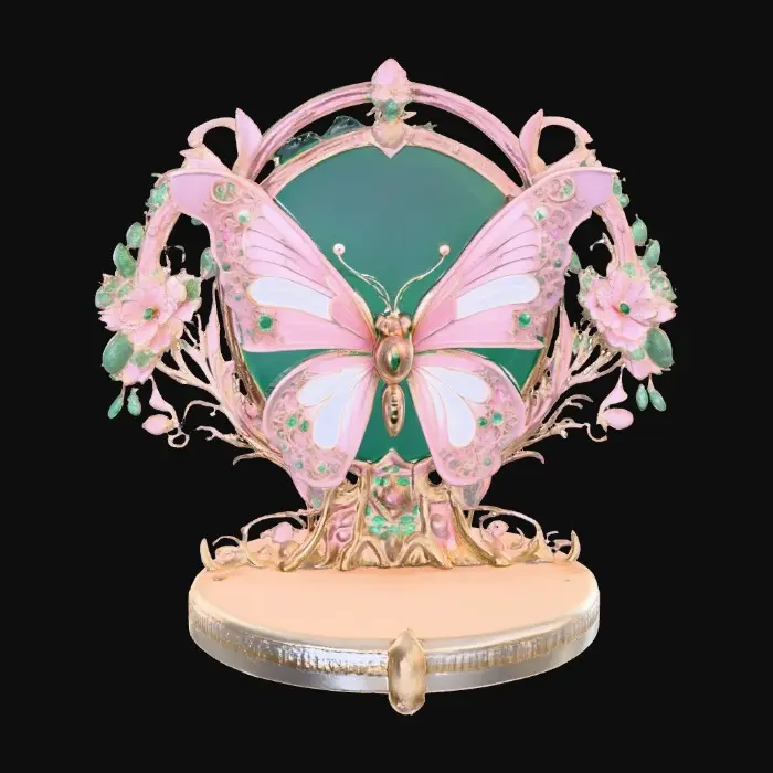 3D model for Butterfly decor in cools of 14k gold, ab dark aqua, and iridescent rosy pink. A masterpiece of art nuevo detailed and highly embossed
