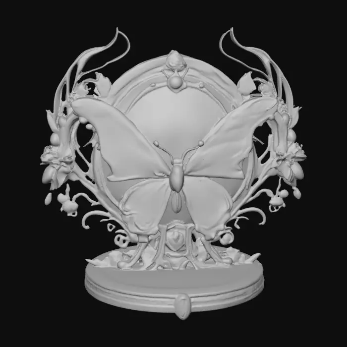 3D model for Butterfly decor in cools of 14k gold, ab dark aqua, and iridescent rosy pink. A masterpiece of art nuevo detailed and highly embossed