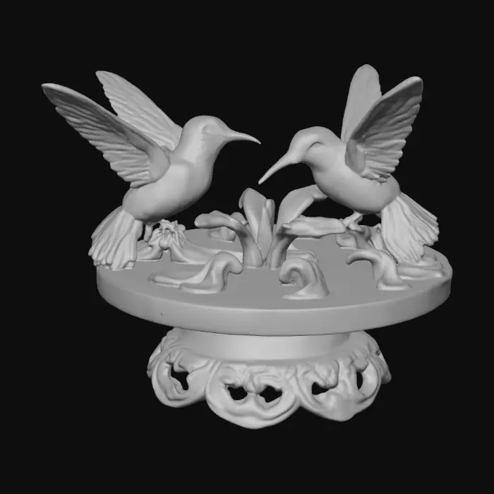 3D model for 3 hummingbirds form a circular pedestal.  Extremely detailed carved elaborately embossed hummingbirds pedestal sitting on a round base. Masterpiece of art. Iridescencent ivory with 14 gold highlights. Hummingbird decor in colors of 14k gold, ab dark aqua/ab purple/ab green, and iridescent rosy pink. A masterpiece of art nuevo detailed and highly embossed