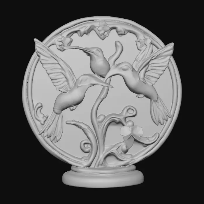 3D model for 3 hummingbirds form a circular pedestal.  Extremely detailed carved elaborately embossed hummingbirds pedestal sitting on a round base. Masterpiece of art. Iridescencent ivory with 14 gold highlights. Hummingbird decor in colors of 14k gold, ab dark aqua/ab purple/ab green, and iridescent rosy pink. A masterpiece of art nuevo detailed and highly embossed