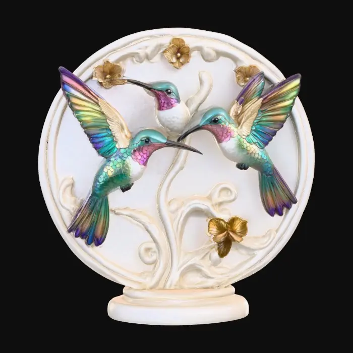 3D model for 3 hummingbirds form a circular pedestal.  Extremely detailed carved elaborately embossed hummingbirds pedestal sitting on a round base. Masterpiece of art. Iridescencent ivory with 14 gold highlights. Hummingbird decor in colors of 14k gold, ab dark aqua/ab purple/ab green, and iridescent rosy pink. A masterpiece of art nuevo detailed and highly embossed
